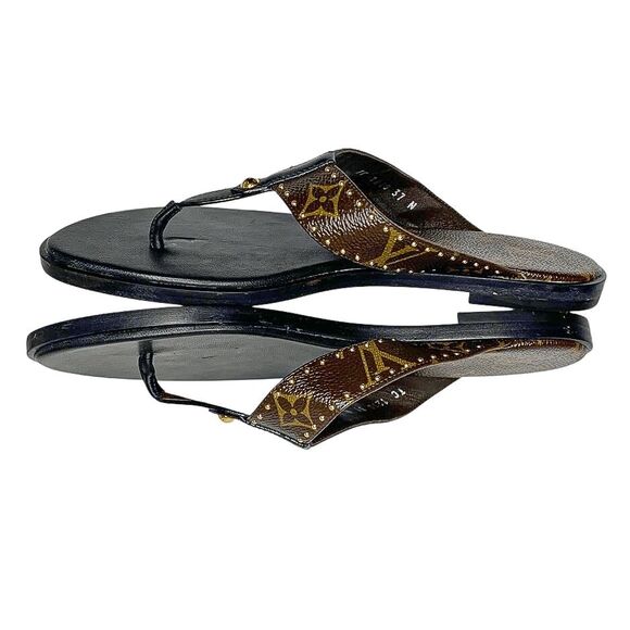 Louis Vuitton Sunny Flat Thong Sandals EU 37 Brown Monogram Logo Flip Flop Slide - Picture 4 of 9